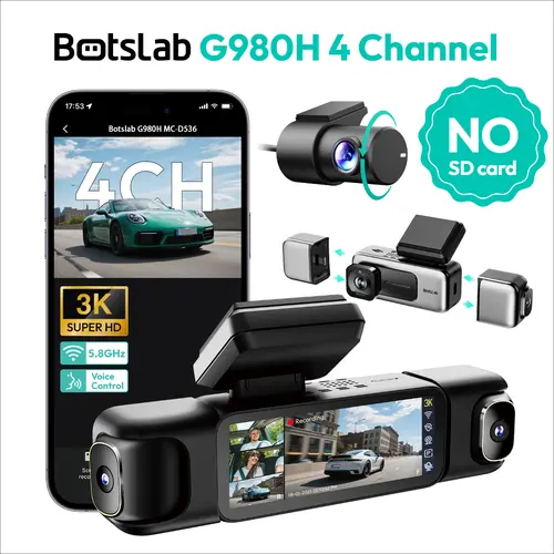 Botslab 3K 4 Channel Dash Cam with 3.18” IPS Touch Screen, 560° Wrap View, 24/7 Parking Mode, Built-in GPS, 5.8G WiFi, Night Vision, Voice Control, Rear Camera, HD Automotive Dashcam, Car Accessories (No Card Included)