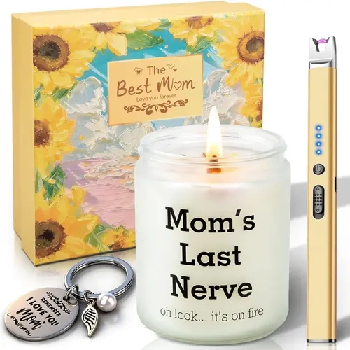 Festive Gift Box Candle Set - 7oz Natural Wax, Metal Lavender Adult Candles with Funny Messages, Reusable Electric Lighter, Collectible Keychains - Mom Birthday Gift from Daughter/Son for Thanksgiving Christmas Home Decor