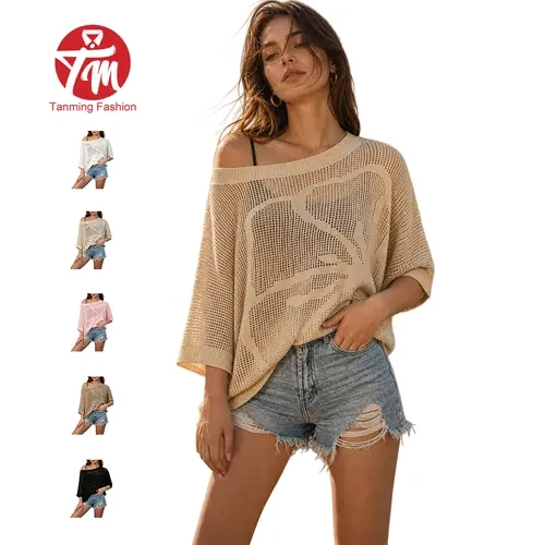 Tanming Womens Open-Knit Pullover - Off-Shoulder Mesh Hollow-Out Batwing Sweater Top - Spring Summer Beach Vacation Cover-Up