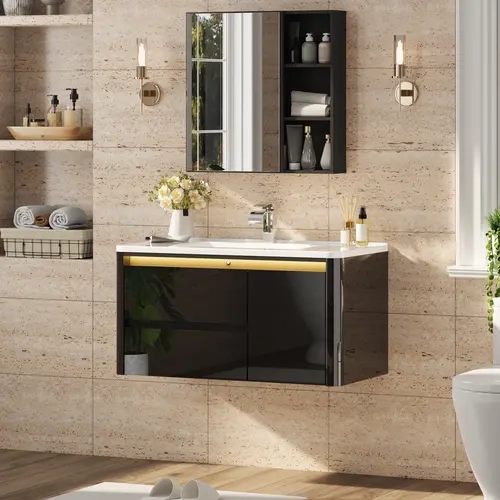 36"/30" Furniture-Style Wall-Hanging Floating Bathroom Vanity Full Set - Engineered Wood Interior Storage Furniture with Sink, Mirror, LED Night Light, Drawers and Cabinets, Faucet, Glossy Multifunction Unit, Deep Storage, Floating Look, Clutter Stays Put
