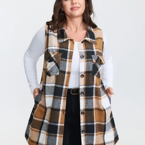 BloomChic Plaid Button‑Front Sleeveless Jacket 【M-6XL】