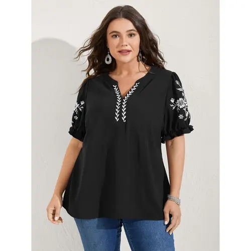 BloomChic Notched Collar Embroidered Ruffled Blouse 【M-6XL】