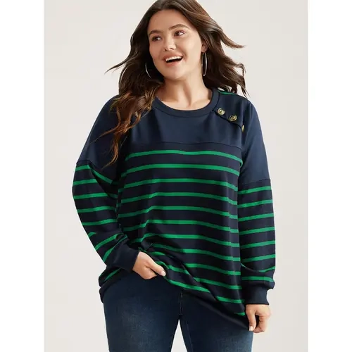 BloomChic Striped Patchwork Button Detail Sweatshirt 【M-6XL】