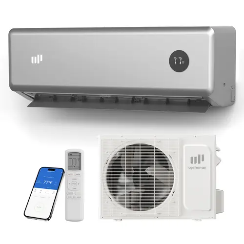 Upstreman 12000 BTU 115V Plug Mini Split AC/Heating System, 20 SEER2 Ductless Energy-Efficient Inverter, WiFi Control, 4D Auto-Swing, 24-Hour Timer, Mounting Bracket Included, Silver Quiet Room AC Unit