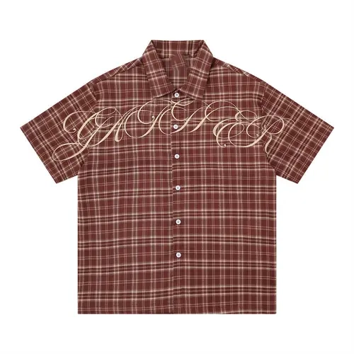 Inflation Men's Preppy Plaid Embroidery Open Collar Short Sleeve Button Up Shirt - Casual Tops with Button Up Design, 2000s Y2K Oversized Streetwear