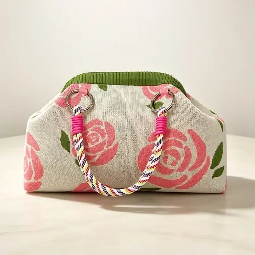 2026 Fall Winter Women's Knitted Handbag, Floral Pattern, Detachable Colorful Handle, Perfect for Daily Use, Travel, Parties, Gifts
