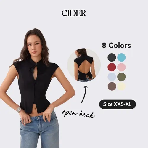 Cider Stand Collar Short Sleeve Tie Front Cut Out Backless Slim Blouse