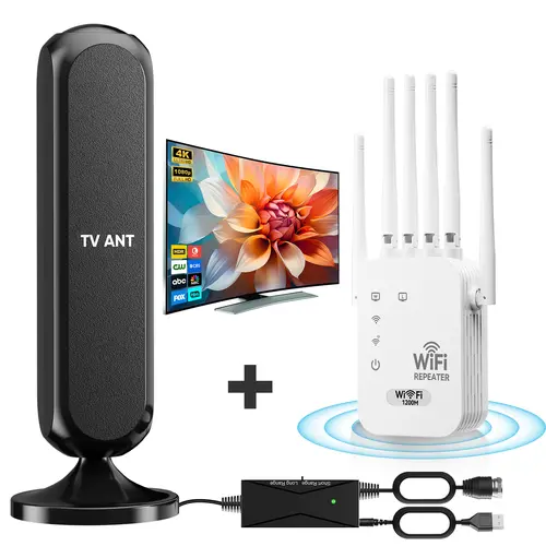 WERCHTAY 2026 New 2-in-1 Indoor TV Antenna-WiFi Extender Combo, 360° Signal Amplified, 4K 1080P HD Digital Antenna+Extender, 1200Mbps WiFi Repeater/Bridge with Boost, Plug-and-Play, for Home/RV, Game Consoles