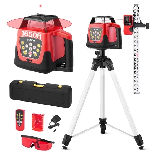 VEVOR Rechargeable Lighted Laser Leveler Tool Kit Set, Portable Self-Leveling Red Horizontal Transit, 1650ft Reach 360-Degree, IP66 Waterproof, 0.80in/100ft Precision, with Tripod Receiver Remote Scale Toolcase, for Construction (Father's Day Gift Option)