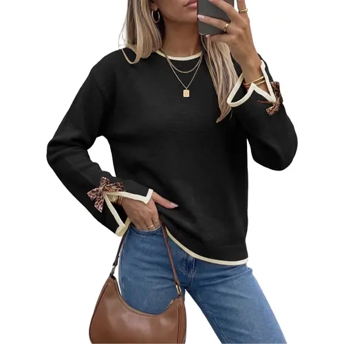 EVALESS Women's Round Neck Long Sleeve Basic Knitwear Pullover, Casual Women's Clothes with Leopard Print Bow Cuffs, Relaxed Fit for Fall