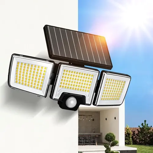 Qawtor 2 Pack Solar Motion Sensor Outdoor Lights, 3-Head 216 LED Security Floodlights with Remote Control, IP65 Waterproof Adjustable Wall Lamps, Solar Powered Exterior Lights for Garden Garage Yard Porch Driveway