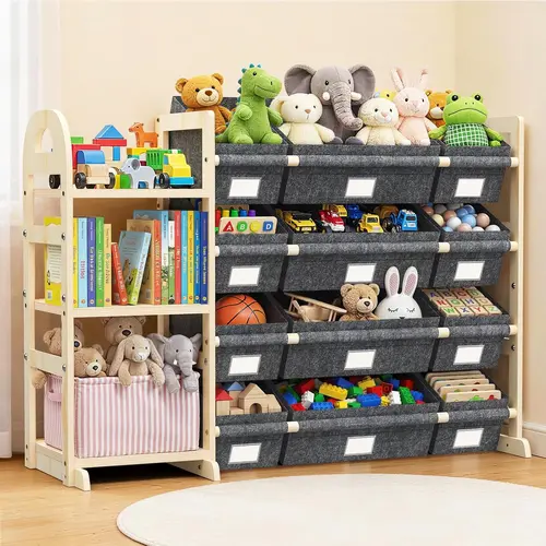 Kid-Friendly Modern Toy Storage Organizer - Solid Wood 3-Shelf Unit with 12 Rectangular Toy Bins, Rounded Corners, Anti-Tip Safe Bookshelf for Playroom, Bedroom Organization (Playroom Org. Included)