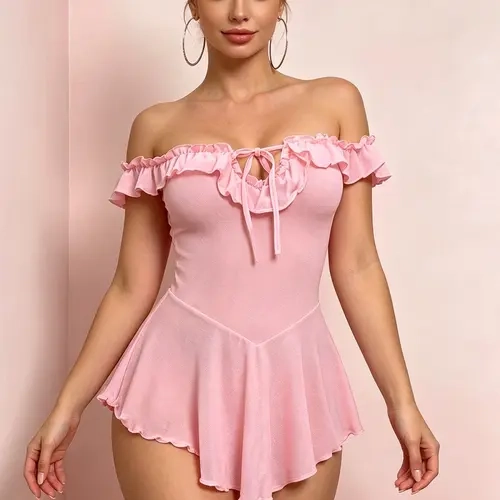 2Pcs Cute Sexy Sheer Mesh Off‑the‑Shoulder Lingerie Set, Mesh Bodysuits, Ruffle Tie‑Front Uniform Outfit, Soft Breathable Skin‑Fitting Sleepwear, Women’s Date Night Homewear, Christmas & Valentine’s Day Gift for Her