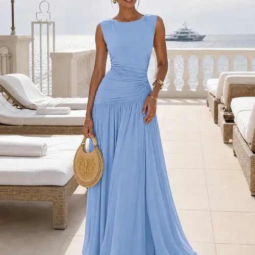 CurvySweet Juliette Women's Chic Sleeveless A-Line Maxi Dress - Backless Ruched Mesh Gown with Tummy Control Tie, Baby Blue Formal Wedding Guest Dress, Elegant Women's Formal Wear, Wedding Guest Dresses
