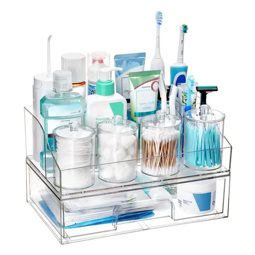 【Live Only】Vtopmart 6-Piece Non-Slip Base Bathroom Countertop Organizer Set - 4 Qtip Holder Jars, 1 Drawer, Toothbrush Holder for Cotton Pads, Vanity Accessories