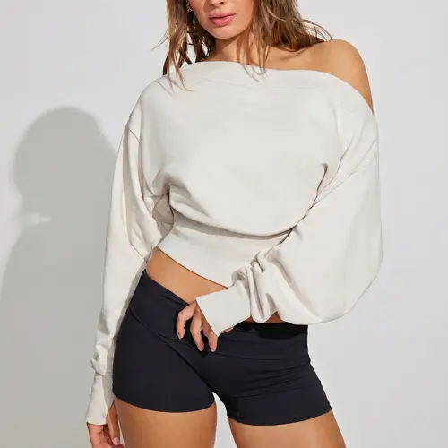 Fisoew Women's Off-the-Shoulder Athletic Top - Cinched Waist, Oversized Long Sleeve, Cropped, Breathable Athleisure Activewear, Trending Clothes for Women