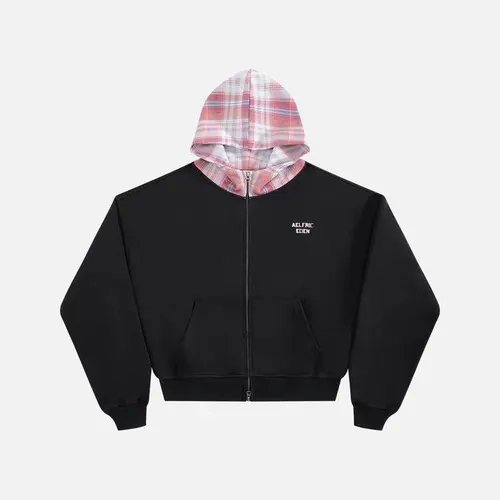Aelfric Eden Boxy Plaid Hood Zip Up Hoodie Oversized Boxy Cropped Fit Plaid Hood Panel Full Zip Closure Soft Fabric Retro Preppy Streetwear Unisex Top