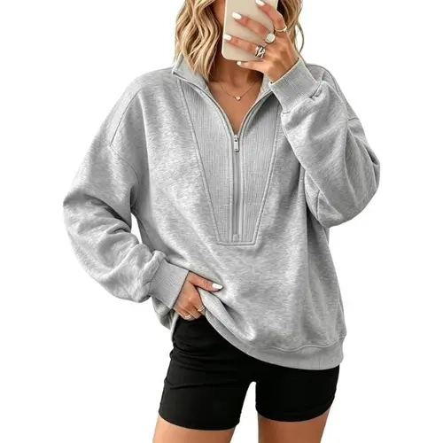 Fisoew Women Cropped Half Zip Sweatshirt, Oversized Stand Collar Pullover, Long Sleeve Loose Fit Casual Fall Winter Y2K Cropped Tops for Daily Street Wear.