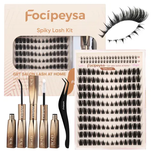 Focipeysa Spiky Lash Clusters Kit | Cosmetic Manga Cat Eye False Eyelashes with Bond & Seal | Beginner-Friendly Reusable Waterproof Makeup Products for At-Home Salon Results