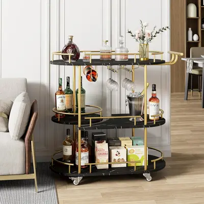YJ-Garvee 3-Tier Mobile Bar Cart on Wheels with Wine Rack and Glass Holder, Metal Kitchen Utility Cart for Coffee Station, Mini Home Bar, and Dining Room in Elegant Gold and Black