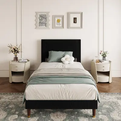 Garvee Twin Platform Bed Frame with Headboard, Comfy Corduroy Upholstered Bed Frame with Wooden Slats Support, No Box Spring Needed, Noise Free & Easy to Assemble, Corduroy Platform for Bedroom, Black