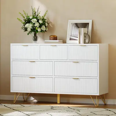 Garvee 7 Drawer Dresser, 47.2" Wide Modern White Wooden Chest with Gold Metal Handles and Legs, Narrow Entryway Table Storage Organizer for Bedroom, Living Room, Hallway