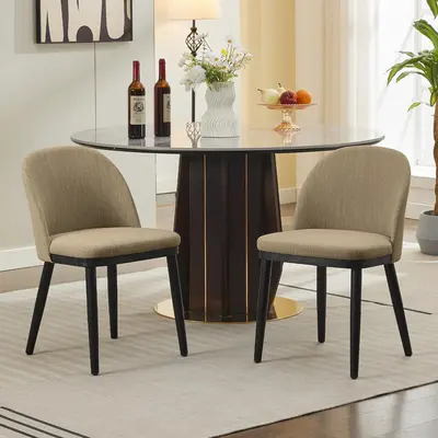 Garvee Upholstered Dining Chairs Set of 2, Modern Fabric Kitchen Side Chairs with Thick Cushions and Wood Legs, Comfy Chairs with Curved Backrest for Dining Room, Restaurant - Camel