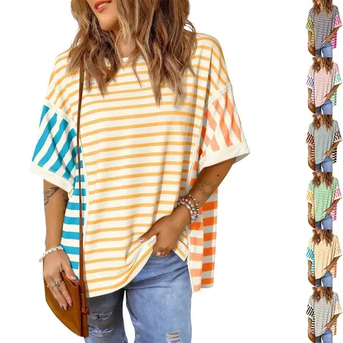 Tankaneo Womens Oversized Striped T-Shirts Color Block Short Sleeve Tee Tops Summer Casual High Low Hem Shirts
