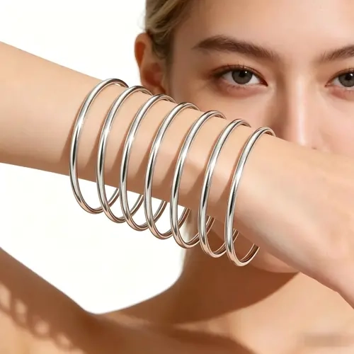 Women's 7-Pcs Boho Bangle Set - Silver-Plated Copper Thin Minimalist Multilayered Bangles, Dainty Bling Effect Jewelry, Ideal for Daily Wear, Party Use, Birthday Gifting