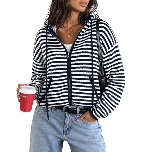 Fisoew Womens Striped Zip Up Hoodie Long Sleeve Cardigan Sweatshirts Oversized Crop Sweaters Jackets Y2K Fall Outfits SohoChic