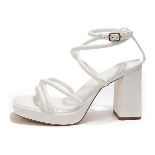 Mysoft Women’s White Plush Platform Block Heeled Sandals - Open Toe, Strappy Ankle Buckle, 5-8 cm High Heels for Women, Rubber Sole, Comfortable Formal Shoes for Wedding, Summer Casual Dress Footwear