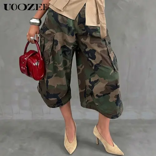 UOOZEE Women's 100% Cotton Camouflage Cargo Bottoms - Lightweight, Elastic Waist, Wide Leg, Oversized Cropped Culottes with Side Pockets, Casual Streetwear Clothing for Women, Party Everyday Trousers (Size Down for Slim Look)