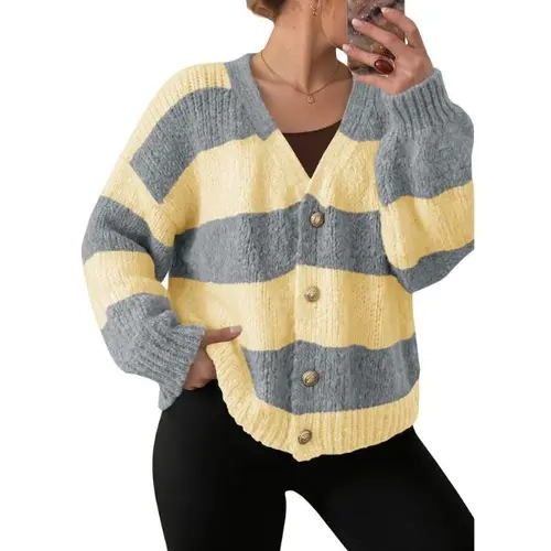 Fisoew Women's Chunky Striped Loose Open-Front Knitwear Cardigan - V-Neck, Ribbed Soft Fabric, Long-Sleeve Button-Up, Color-Block Tops for Fall Winter 2026