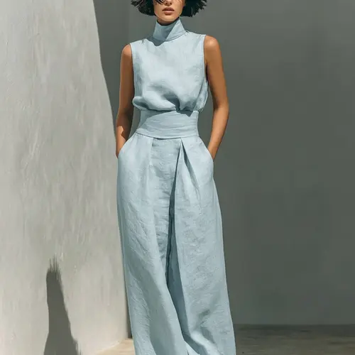 2026 Minimal High Neck Sleeveless Top and Pants Set, Retro Boho Ruffle Sleeveless Top, 2-Piece Elegant Set Chic Mock Neck Halter Top & High-Waisted Wide-Leg Pants, Solid Color Casual Suit, Trendy Old Money Aesthetic Outfit for Summer （Size Up Recommended）