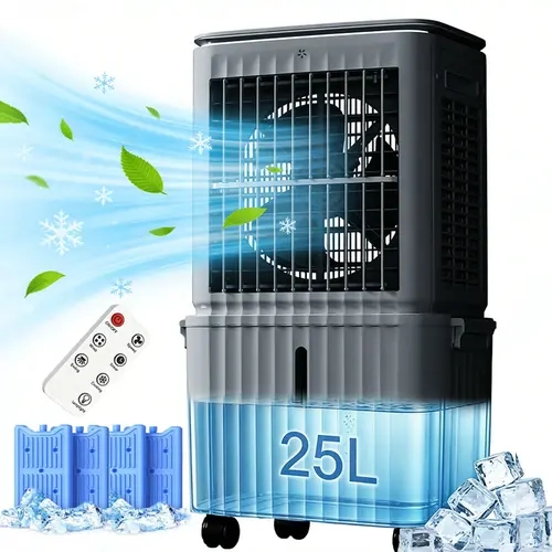 SPZTJK Windowless Evaporative Air Cooler - 25L Silent Portable Floor Fan, 3 Speeds, 12h Timer, Remote Control with Holder, Energy-Efficient Ice-Misted Cool Unit, Power-Saving Mode, Fan for Bedroom
