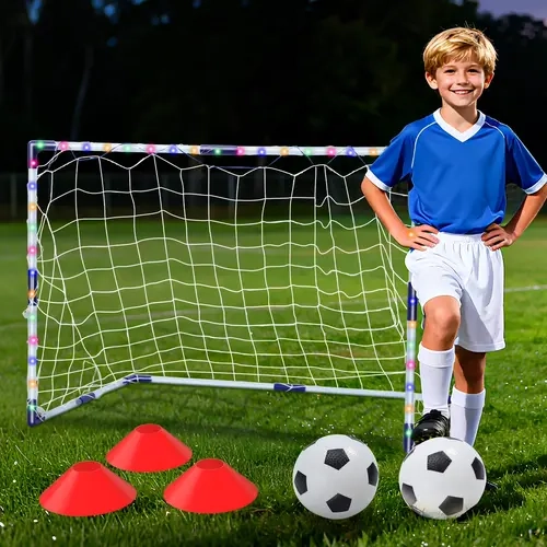 Light-Up Kids Unisex Soccer Goal Set - Backyard Sports Toy with 2 Soccer Balls, 3 Cones, Light-Strip Glow, Ground Stakes, Ball Inflator, Living Stone; Day/Night Play, Toddler Motor/Hand-Eye Coordination World Cup Gift