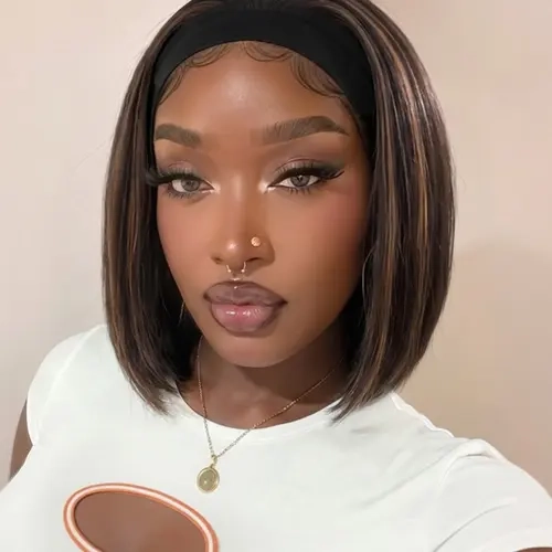 Short Headband Wig, Highlight Brown Wig for Women, Straight Bob Wig, 10/14 Inch Headband Wig, Wear and Go Glueless Wig, Synthetic Wig for Parties & Daily Use, Bob Hair Wig