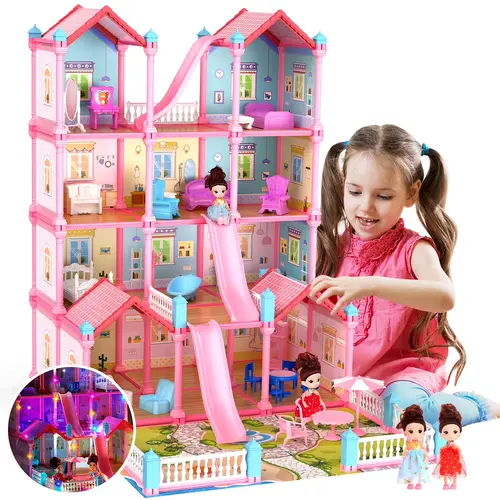 Eaglestone Pink Unisex Fairy Tale Doll House Playset - 14 Rooms, Furniture, Colorful Lights, 2 Toy Figures, Safe Plastic, Thick Cardboard, 24-Inch Dollhouse, 26×19×28in Assembly Kit, Doll Playsets, Miniature Houses, 3-4 Years All Seasons Gift for Kids