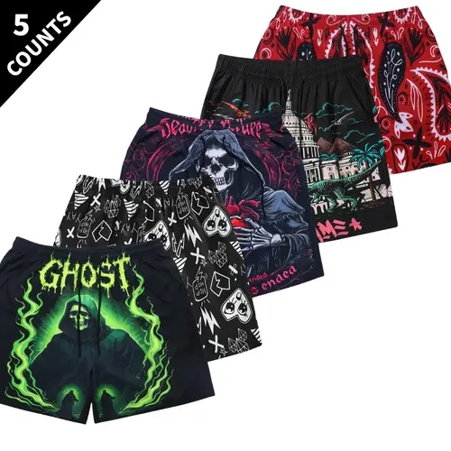 Men's 5-Piece Printed Quick Dry Sports Shorts - Drawstring, Side Pockets, Breathable Tech, Regular Fit Active Bottoms for Summer Running, Beach Wear