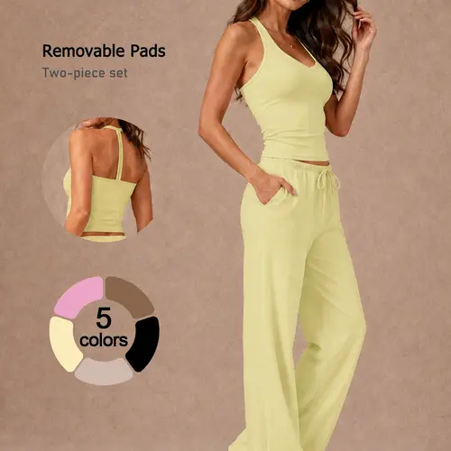 2 Piece Women's Cami Top Long Pants Sports Set Yoga Active Wear Cool Quick Dry Breathable Four Way Stretch Racerback Adjustable Drawstring Wide Leg Pants Removable Padded Yoga Outfit Gym Shopping Airport Fashion Versatile Sportswear