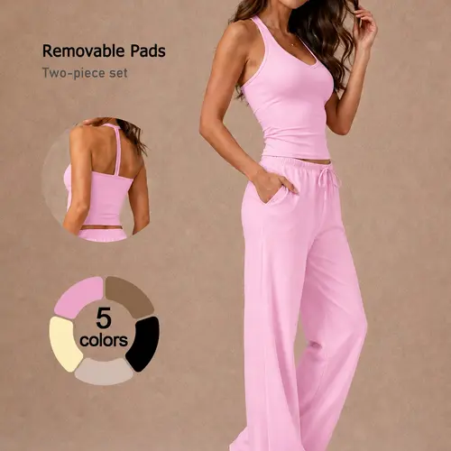 Women's 2-Piece Set Cooling Athletic Set Tank Top and Wide Leg Pants Outfit Breathable Quick Dry High Stretch Activewear with Adjustable Drawstring Removable Pads Yoga Set for Gym Travel Airport Streetwear Casual Fashion Lounge Wear
