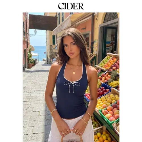 Cider Cotton-blend Halter Neck Ruched Front Cami Top