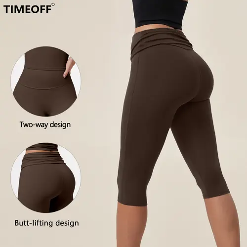 TIMEOFF Women's High Waisted Fold Over Knee Length Leggings 2 Way Wear, Butt Lifting, Stretchy 82%Polyester 18%Elastane Breathable Activewear Bottoms | Tummy Control, Non Slip, No Ride Up | Ideal for Yoga, Gym (Fold Over Leggings, Yoga Pants)