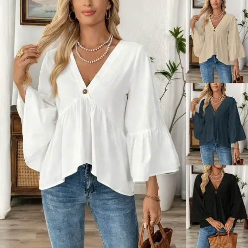 Women's Casual Peplum Top, Basic Minimalist V-Neck Cotton Blouse with Flowy Ruffle 3/4 Sleeves, Tops For Women, Cute Shirts, Lady, Fabric, Regular Length, Cute Trendy Clothes, Blouses For Women,clothes for back to school,first day of school outfits