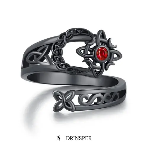 DRINSPER Women's Witch's Knot Ring - Dark Silver Plated Copper, Red Cubic Zirconia, Adjustable Size 5-10 Open Band, Goth Fantasy Style Alt Fashion Alt-Style Witchy Embedded Stones Costume Jewelry Ring for Everyday Gifting, Fantasy Style Ring, Witchy Rings