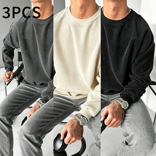 3Pcs Men’s Corduroy Crew Neck Sweatshirts for Autumn/Winter, Loose Fit, Long Sleeves, Pullover Style, Casual Basic Solid Tops