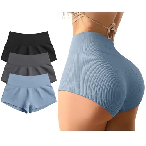 Women's 3-Pack High-Waisted Ribbed Spandex No Front Seam Biker Shorts - Lightweight, Stretchy, Active, Figure-Shaping, Abdominal Glute Butt Scrunch Sports Shorts for Gym, Yoga, Running - Flexible Women's Clothing Workout Apparel