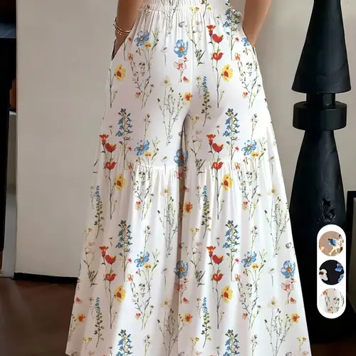 Simple Versatile Casual High Waist Bohemian Floral Pants, Daily Wear Long Pants, Relaxed Office Style Loose, Summer New Vacation Leisure Pants, Light Mature Everyday Casual Pants Ff2630, Loose Wideleg
