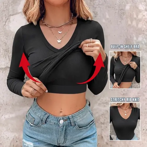 CHICME Women's V Neck Long Sleeve Ribbed Knit Top Slim Fit Base Layer Shirt Soft Stretchy Casual Tee with Built-in Bra