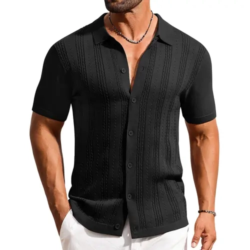 COOFANDY B Men's Knit Shirts Short Sleeve Casual Button Down Polo Shirt Summer Beach Vacation Shirts